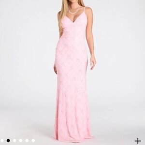 Pink sequin bow gown maxi dress (Amanda Tie-Back Mermaid Bow Formal Dress)